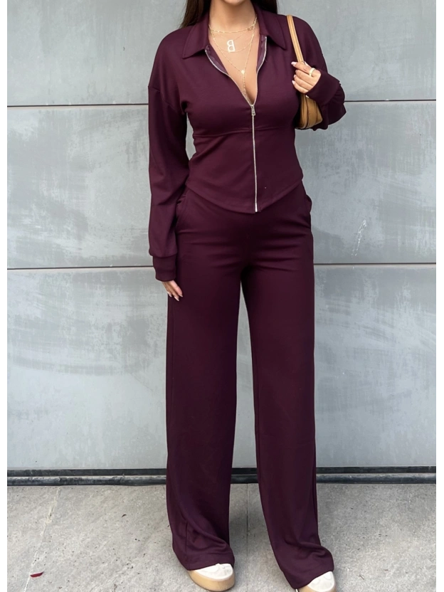 Bordo Polo Yaka Kuşaklı Fermuarlı Takım