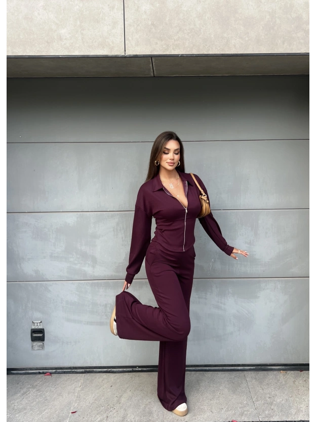 Bordo Polo Yaka Kuşaklı Fermuarlı Takım
