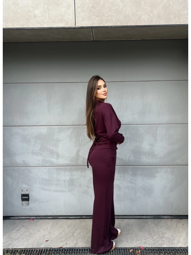 Bordo Polo Yaka Kuşaklı Fermuarlı Takım