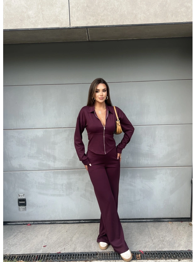 Bordo Polo Yaka Kuşaklı Fermuarlı Takım