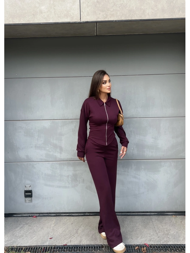 Bordo Polo Yaka Kuşaklı Fermuarlı Takım