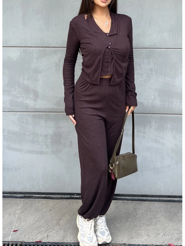 Kahverengi Jogger Pantolon Büstiyerli Hırka Takım
