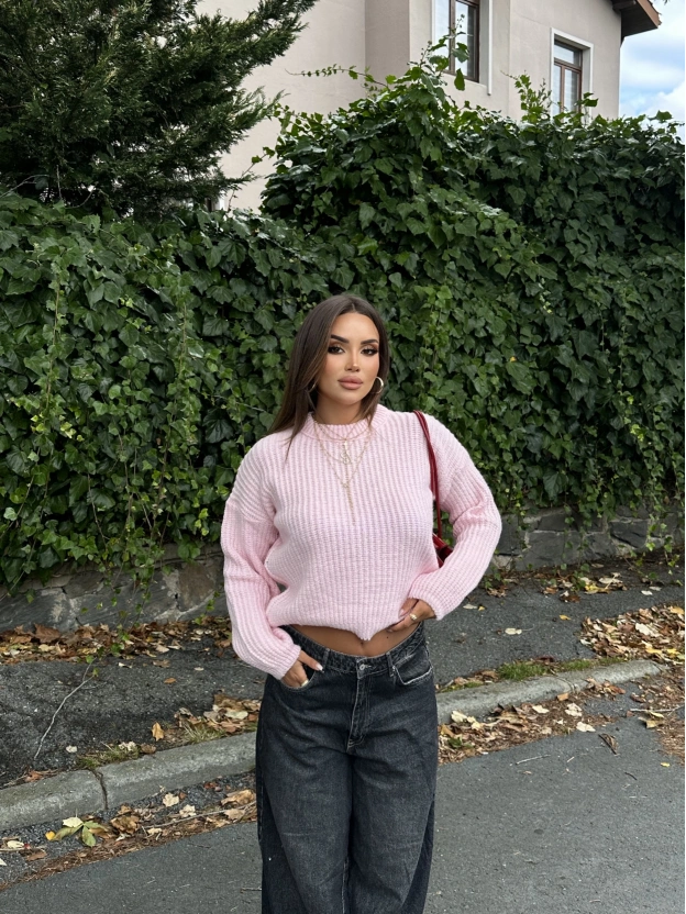 Pembe Bisiklet Yaka Crop Kazak