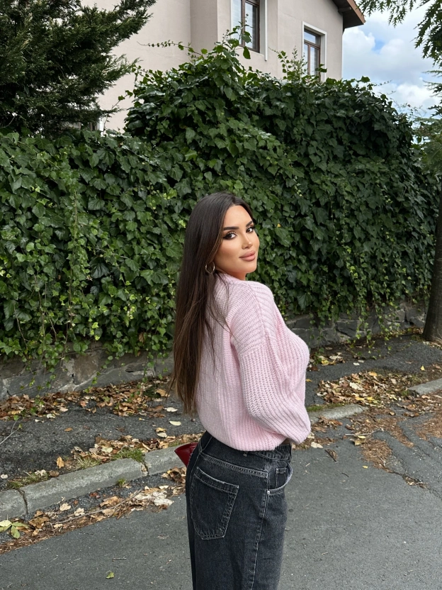 Pembe Bisiklet Yaka Crop Kazak