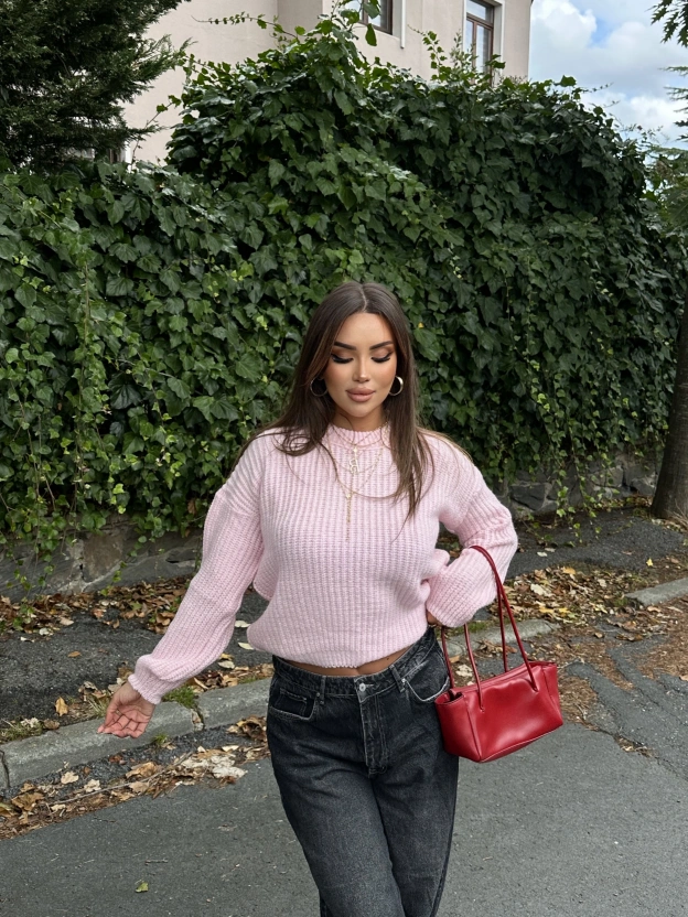 Pembe Bisiklet Yaka Crop Kazak