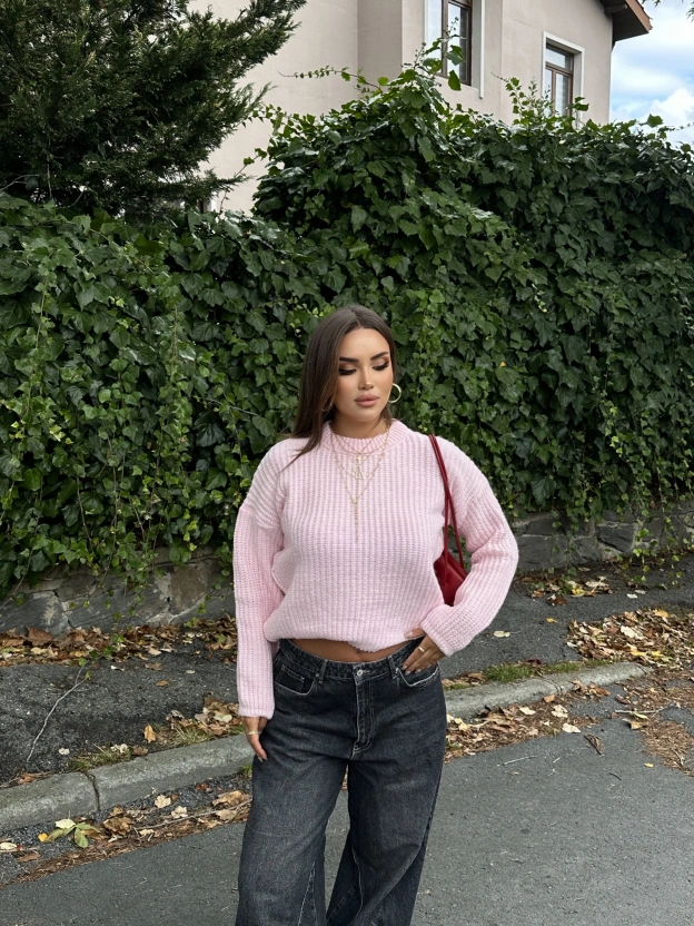 Pembe Bisiklet Yaka Crop Kazak