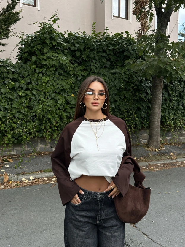 Kahverengi Çift Renk Bisiklet Yaka Sweatshırt