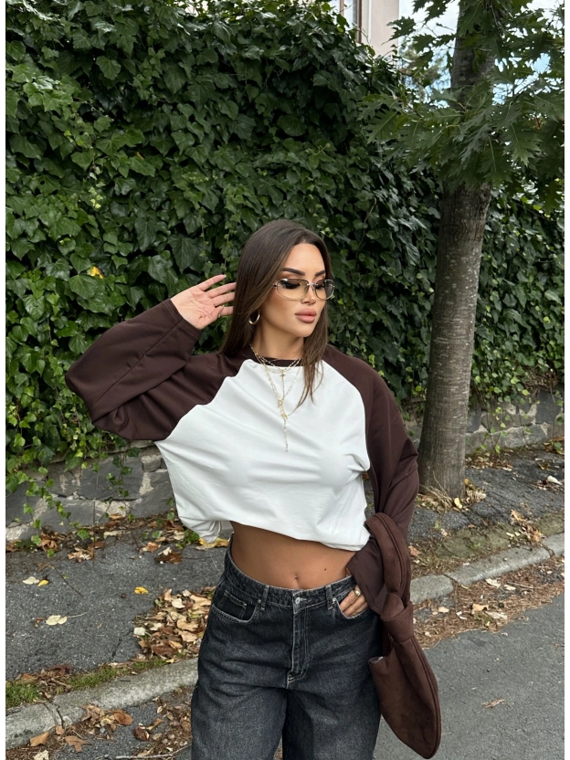Kahverengi Çift Renk Bisiklet Yaka Sweatshırt