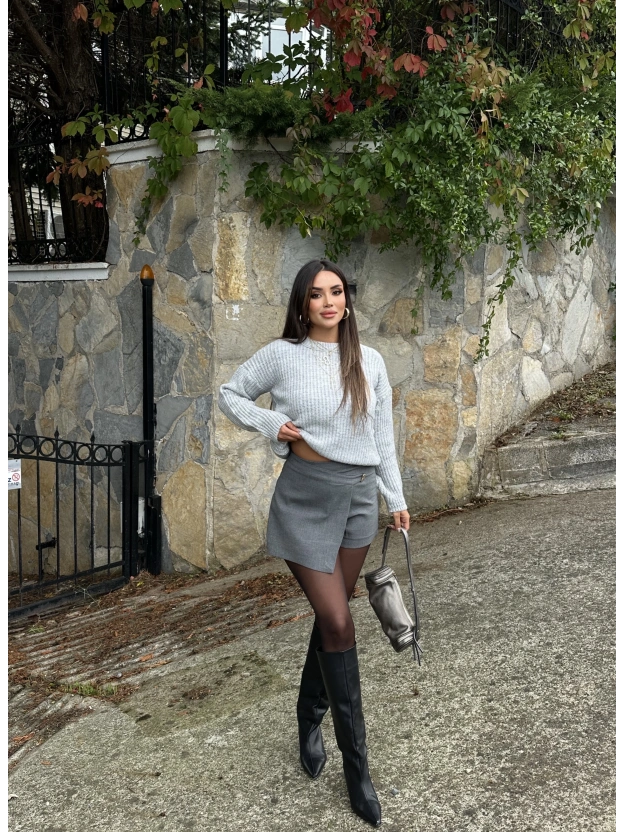 Antrasit Aksesuar Tokalı Asimetrik Şort Etek