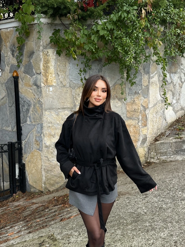 Siyah Kuşaklı Dik Yaka Süet Ceket