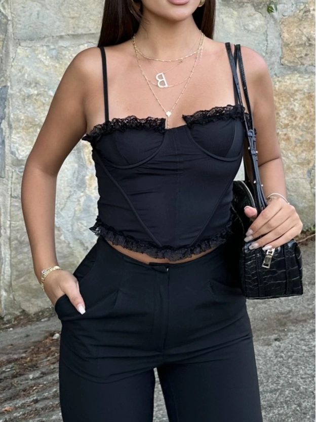 Siyah Tül Detay Balenli Bralet