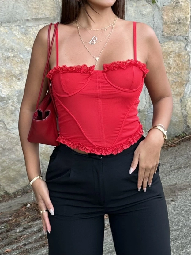 Kırmızı Tül Detay Balenli Bralet
