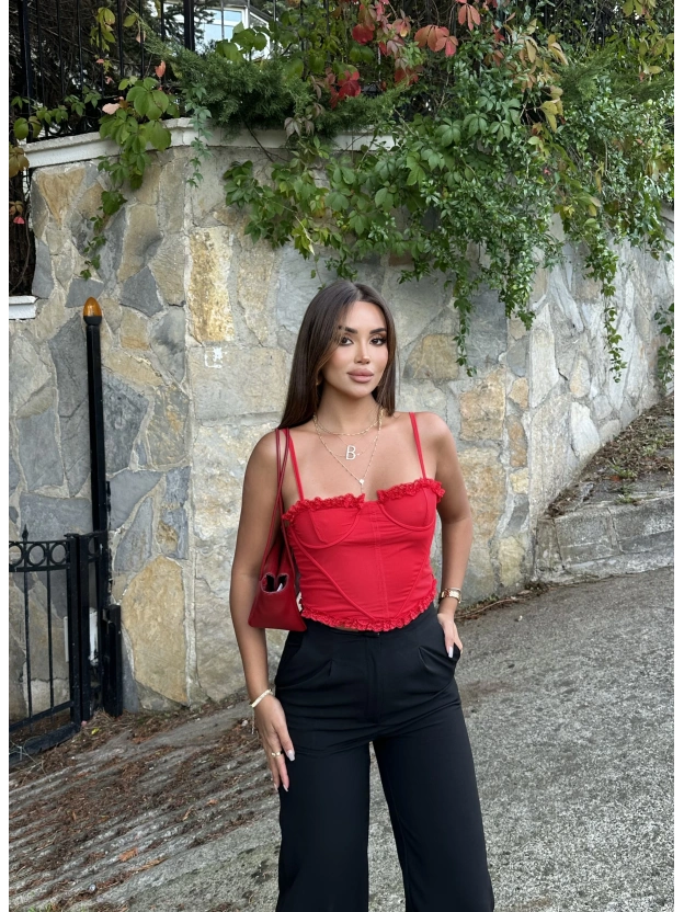 Kırmızı Tül Detay Balenli Bralet