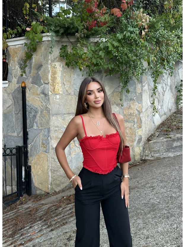 Kırmızı Tül Detay Balenli Bralet