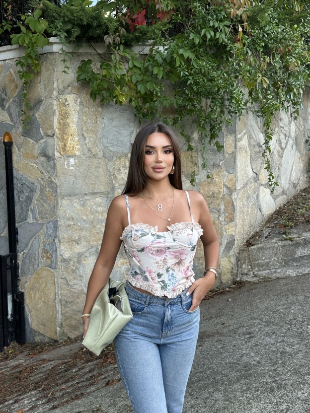 Ekru Desenli Tül Detay Balenli Bralet
