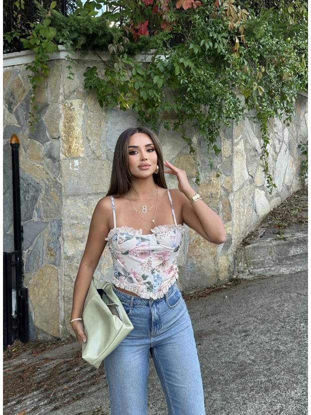 Ekru Desenli Tül Detay Balenli Bralet