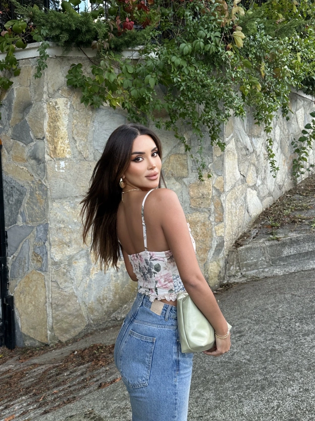 Ekru Desenli Tül Detay Balenli Bralet