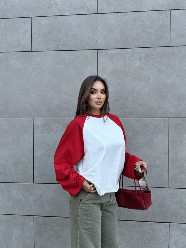 Kırmızı Çift Renk Bisiklet Yaka Sweatshırt