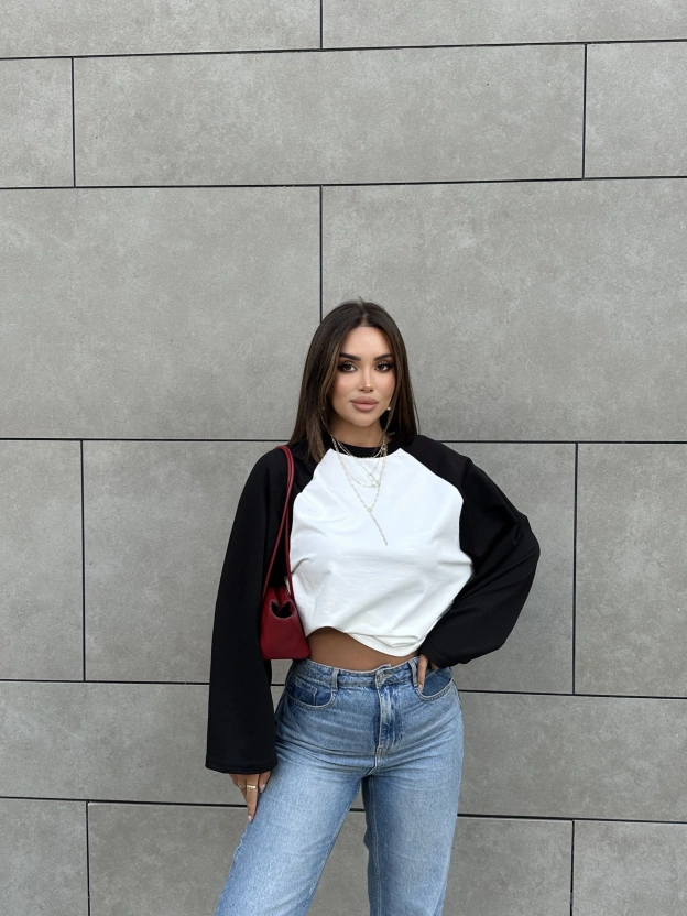 Siyah Çift Renk Bisiklet Yaka Sweatshırt