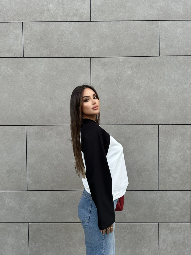 Siyah Çift Renk Bisiklet Yaka Sweatshırt
