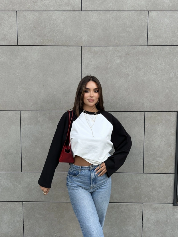 Siyah Çift Renk Bisiklet Yaka Sweatshırt