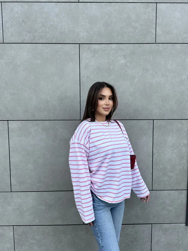 Beyaz Pembe Çizgili Bisiklet Yaka Sweatshırt