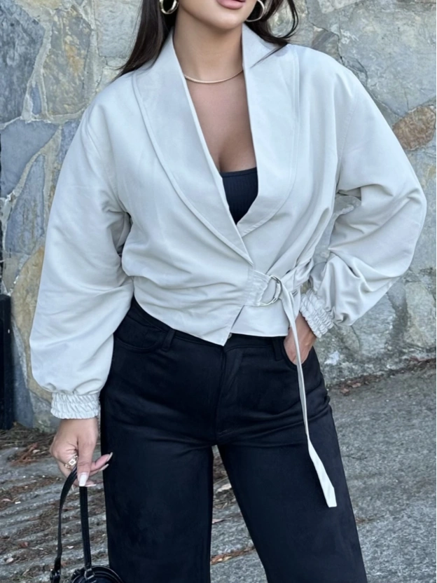 Bej Kemerli Crop Trenç Ceket