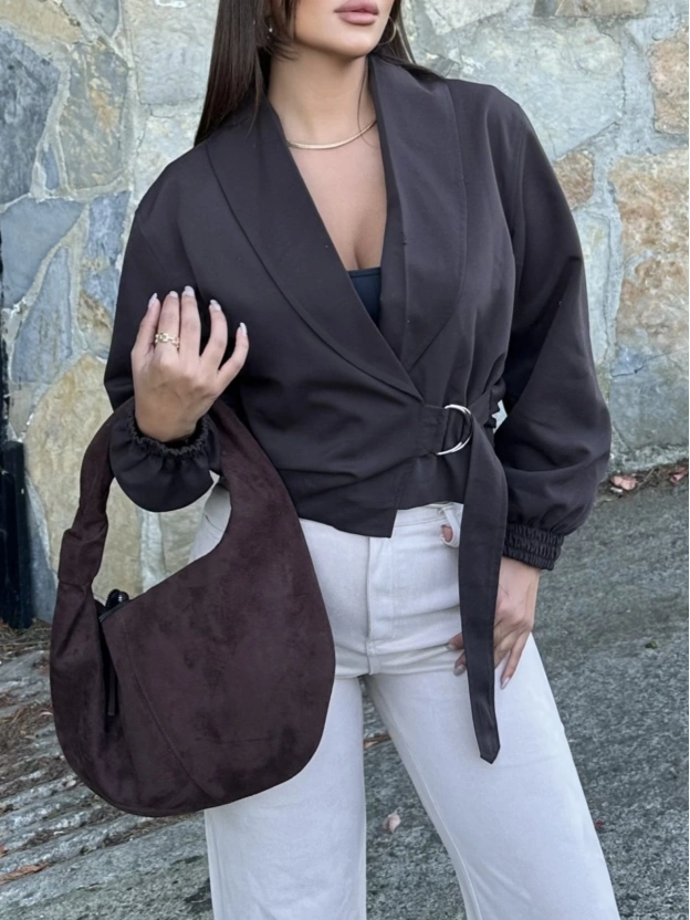 Kahverengi Kemerli Crop Trenç Ceket