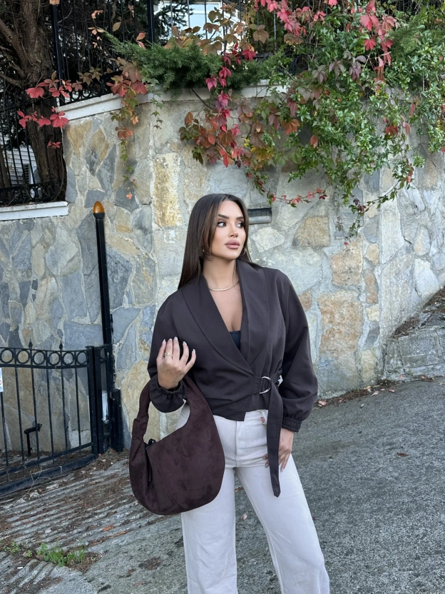 Kahverengi Kemerli Crop Trenç Ceket