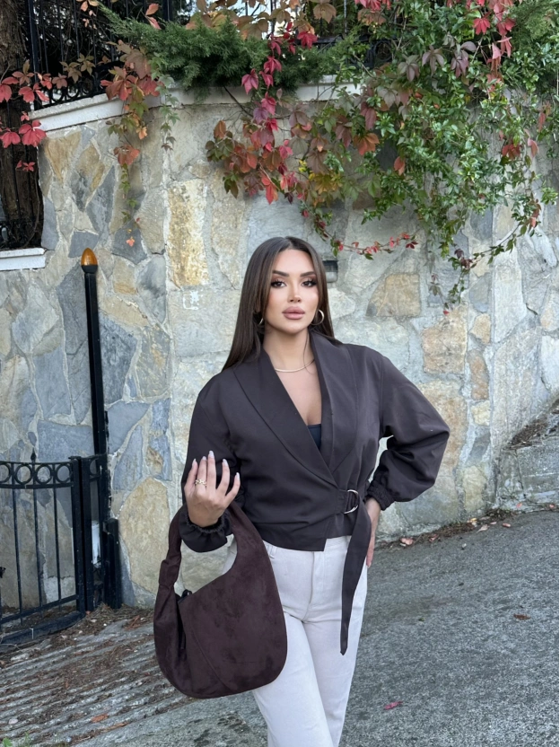 Kahverengi Kemerli Crop Trenç Ceket