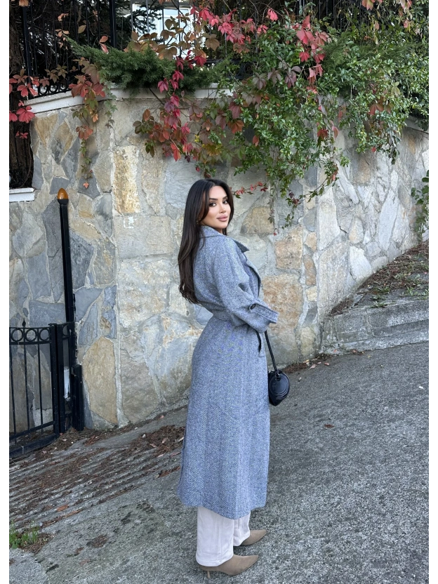Beyaz Çizgili Msmo Kumaş Kuşaklı Kaban