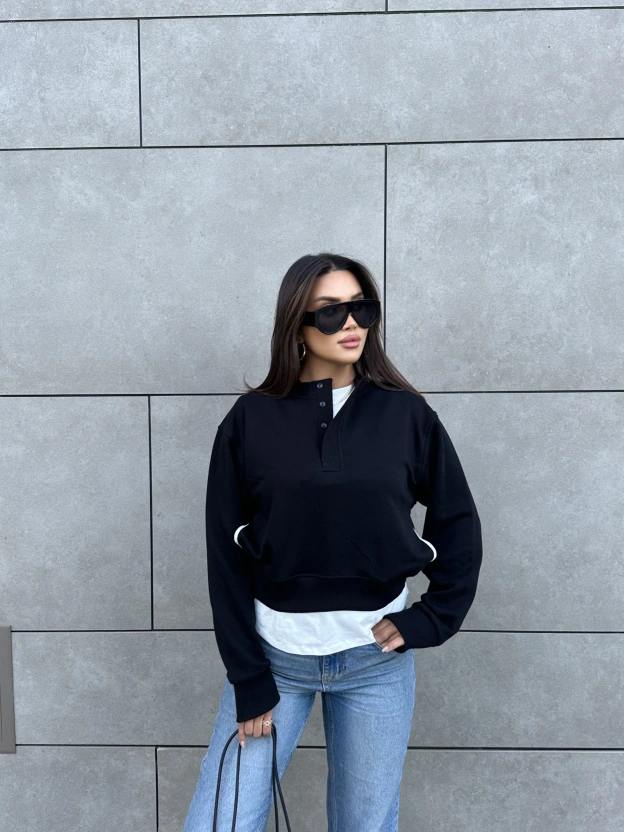 Siyah Kolej Yaka Cepli Swearshırt