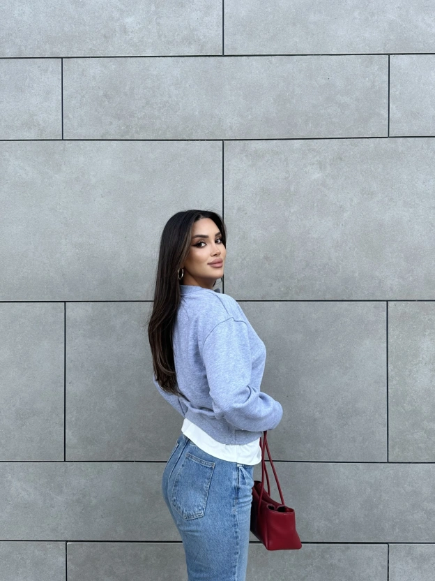 Gri Kolej Yaka Cepli Swearshırt