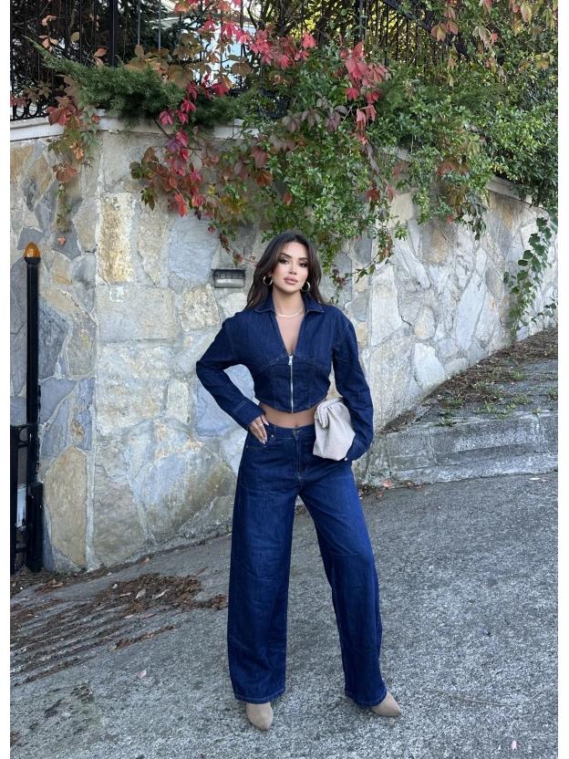 Fermuarlı Kot Ceket Baggy Pantolon Takım