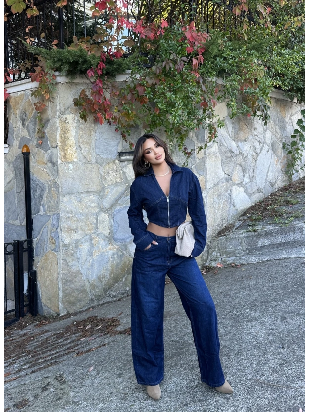 Fermuarlı Kot Ceket Baggy Pantolon Takım