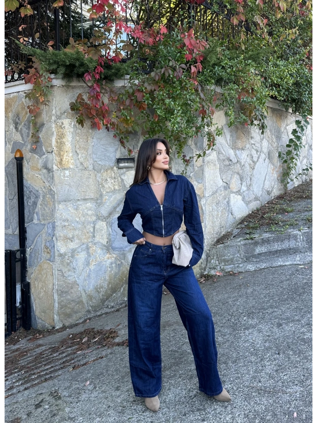 Fermuarlı Kot Ceket Baggy Pantolon Takım