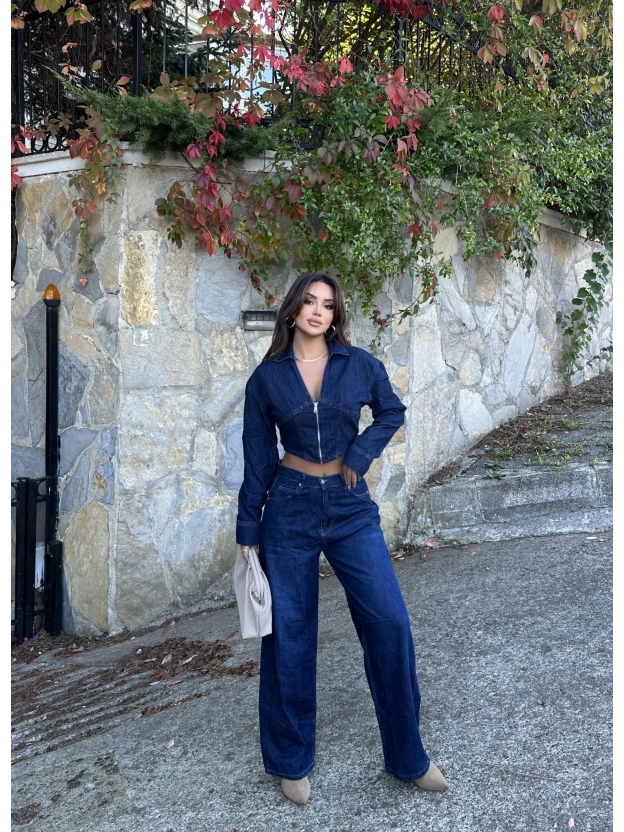 Fermuarlı Kot Ceket Baggy Pantolon Takım