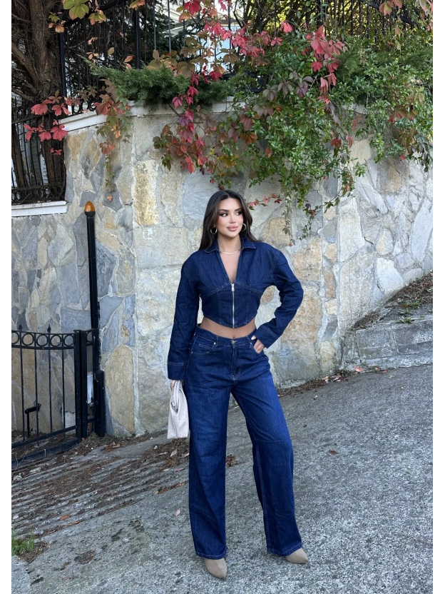 Fermuarlı Kot Ceket Baggy Pantolon Takım