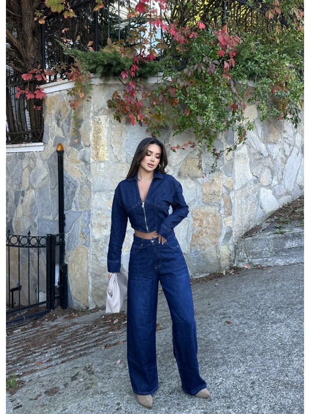 Fermuarlı Kot Ceket Baggy Pantolon Takım