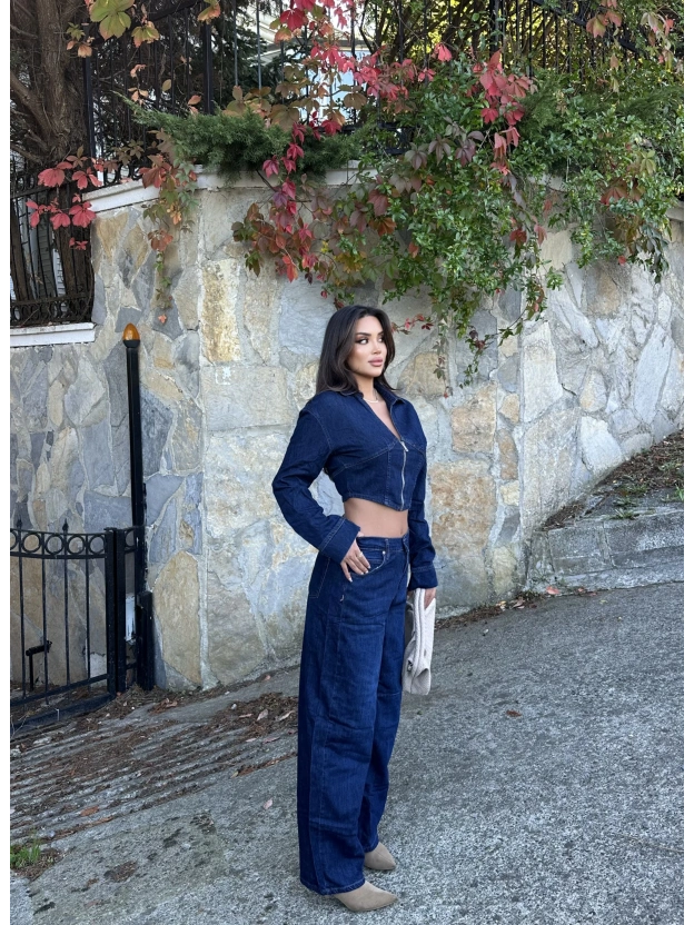 Fermuarlı Kot Ceket Baggy Pantolon Takım