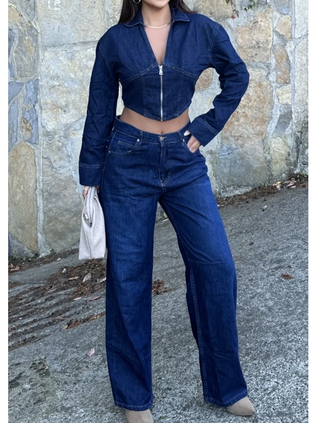 Fermuarlı Kot Ceket Baggy Pantolon Takım