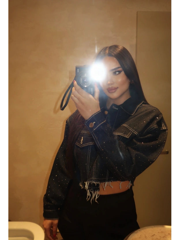 Mavi Taşlı Crop Kot Ceket