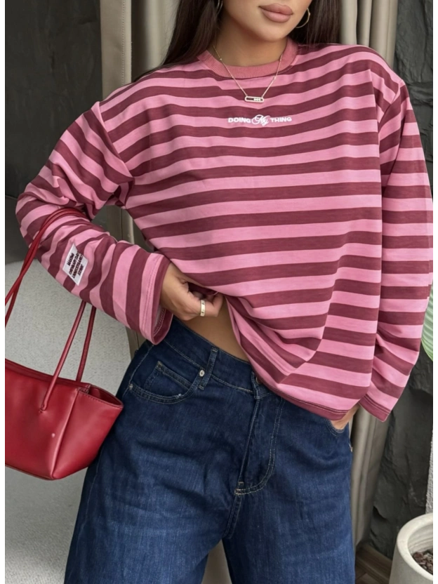 Pembe- Mürdüm Çizgili Nakışlı Sweatshırt