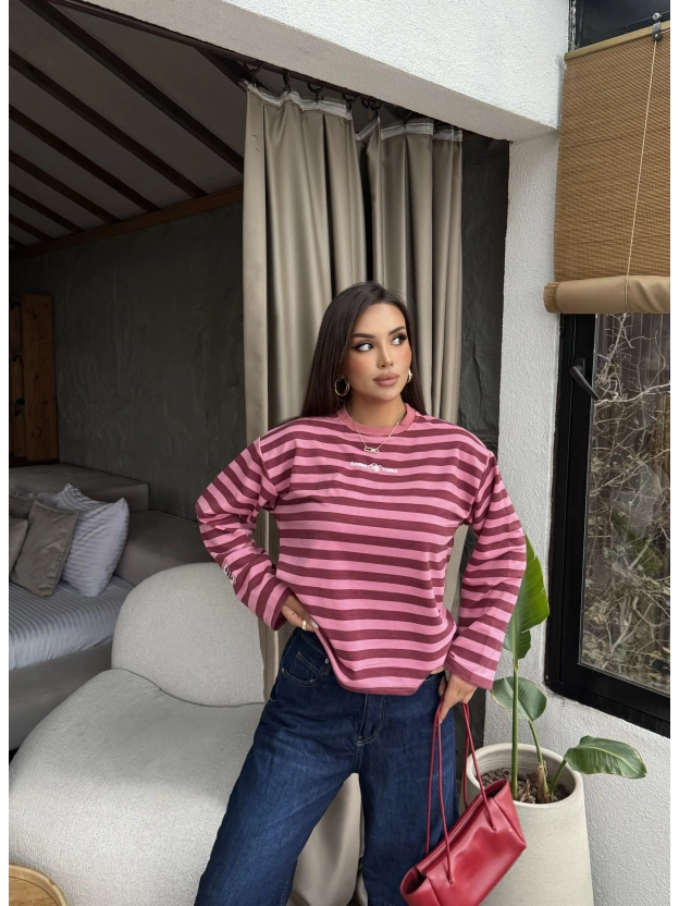 Pembe- Mürdüm Çizgili Nakışlı Sweatshırt