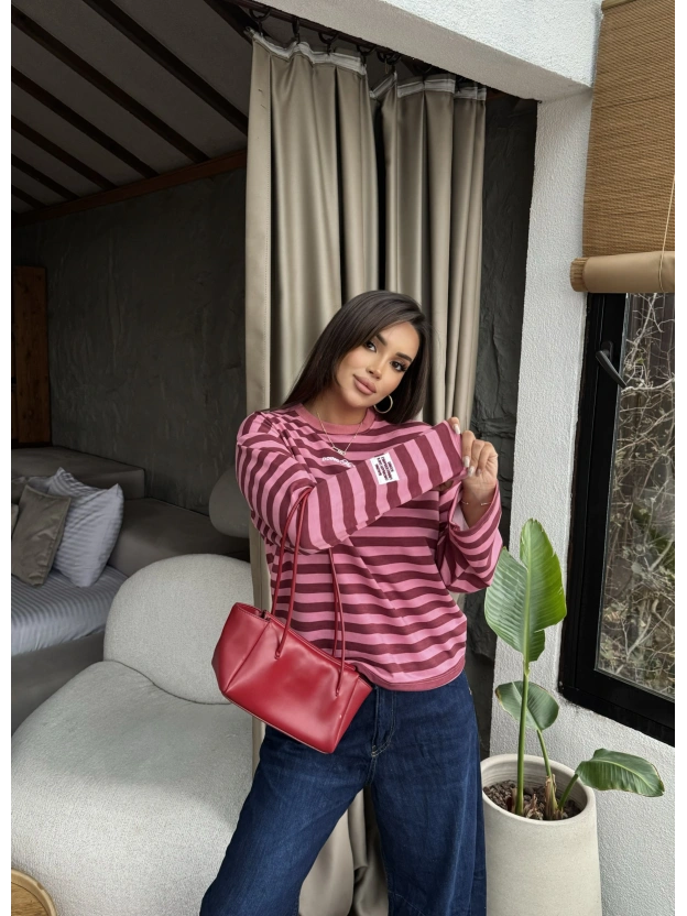 Pembe- Mürdüm Çizgili Nakışlı Sweatshırt