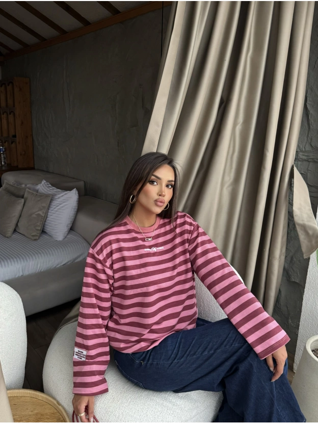 Pembe- Mürdüm Çizgili Nakışlı Sweatshırt