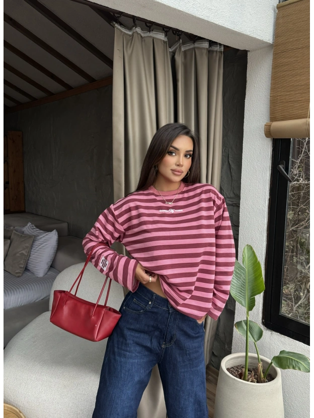 Pembe- Mürdüm Çizgili Nakışlı Sweatshırt