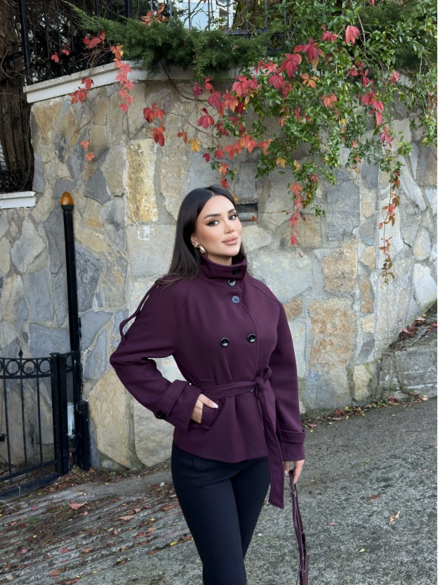 Mürdüm Dik Yaka Kaşe Mont