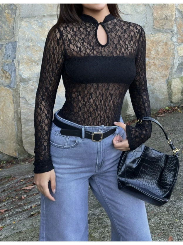 Siyah Damla Dekolteli Astarlı Bodysuit