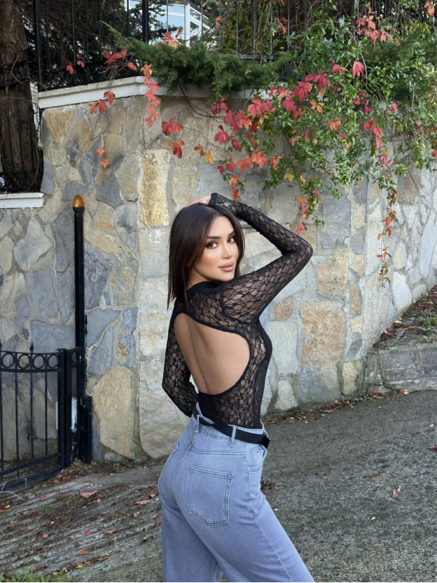 Siyah Damla Dekolteli Astarlı Bodysuit